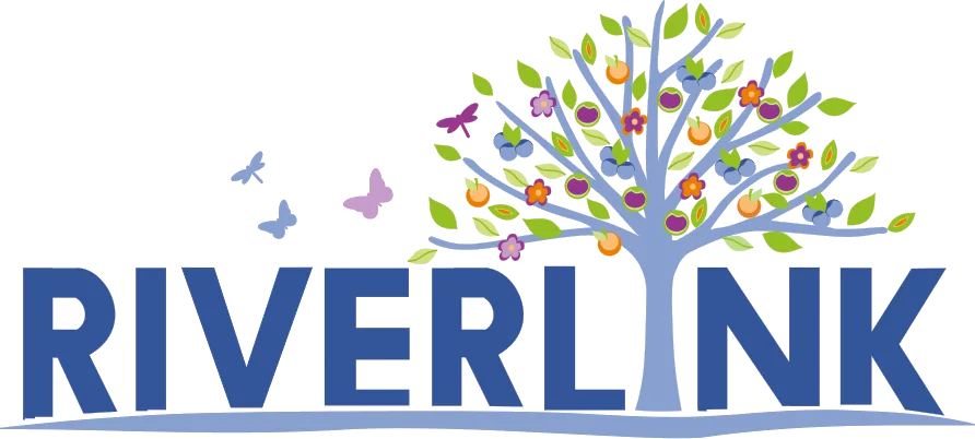 The riverlink logo featuring a tree surrounded by butterflies showcases the connection between nature and the environment.
